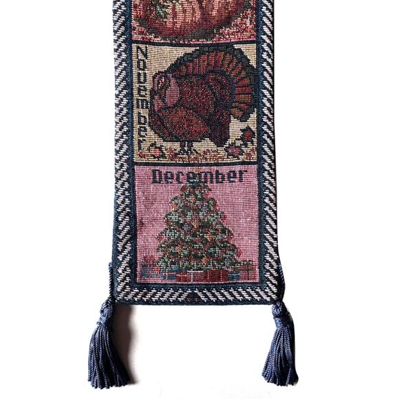 Vintage Tapestry Wallhanging Monthly Seasons Calendar 36"x4" Tassels Rod Pocket - Picture 6 of 8